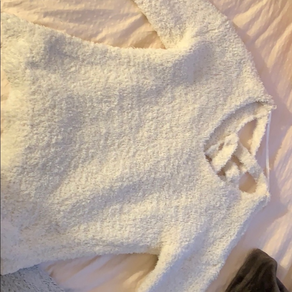 fluffy white sweater w/ cutout in back